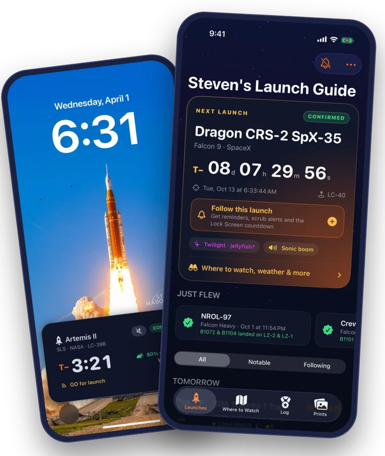 Steven's Launch Guide on an iPhone: a launch countdown on the Lock Screen, and the list of upcoming launches